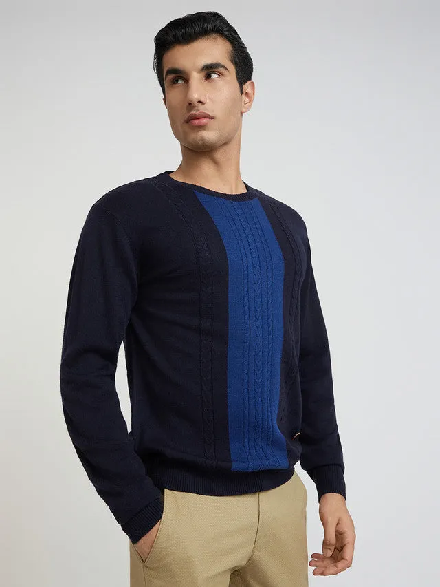 Men Blue Structure Cable Acrylic Wool Blend Round Collar Sweaters