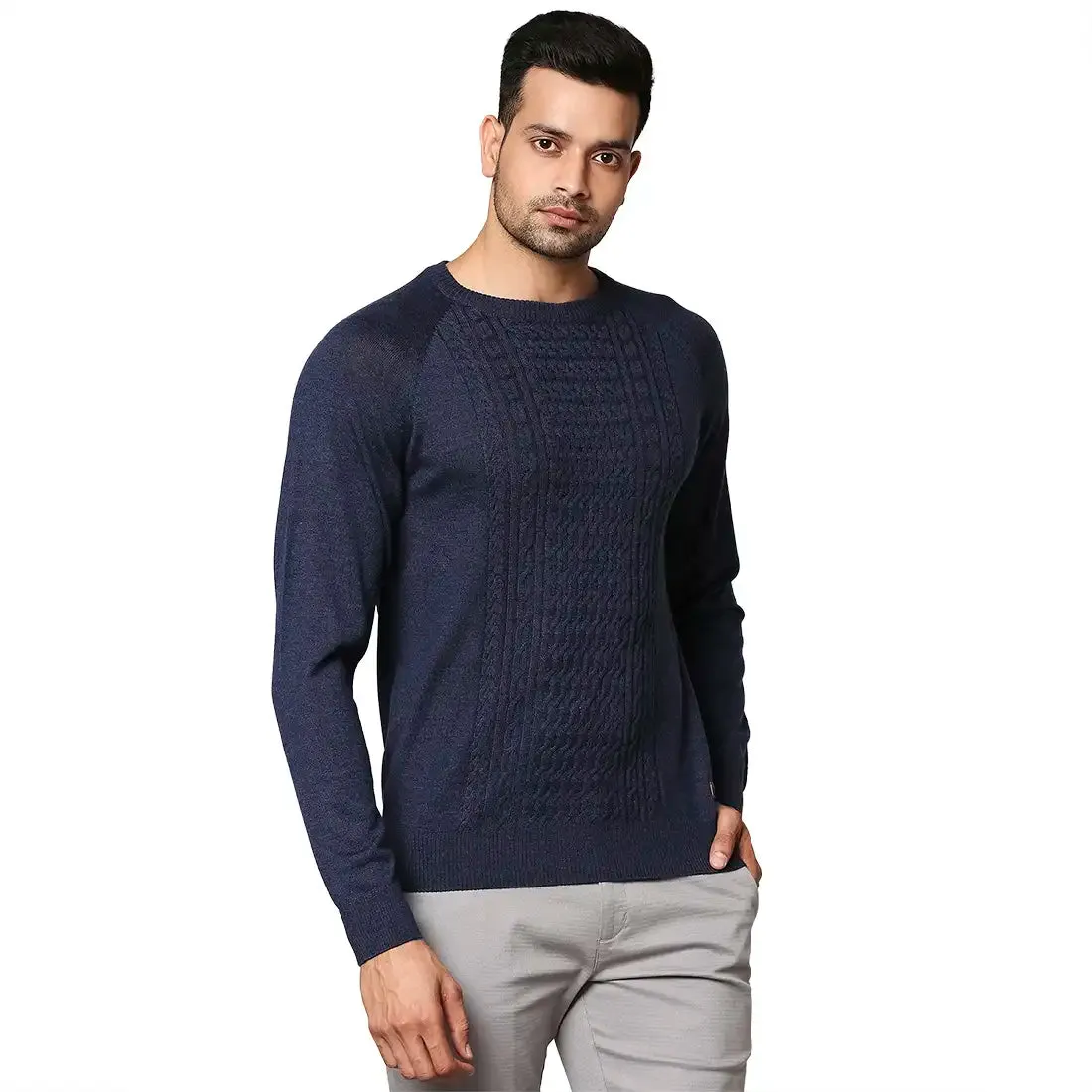 Men Blue Structure Cable Wool Blend Round Collar Sweaters