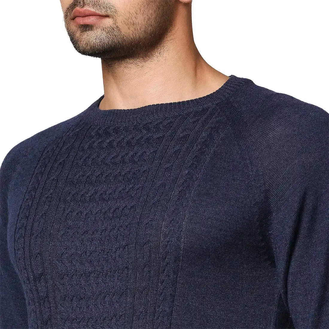 Men Blue Structure Cable Wool Blend Round Collar Sweaters