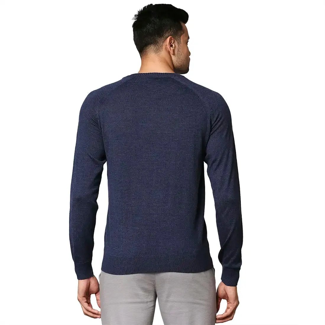 Men Blue Structure Cable Wool Blend Round Collar Sweaters