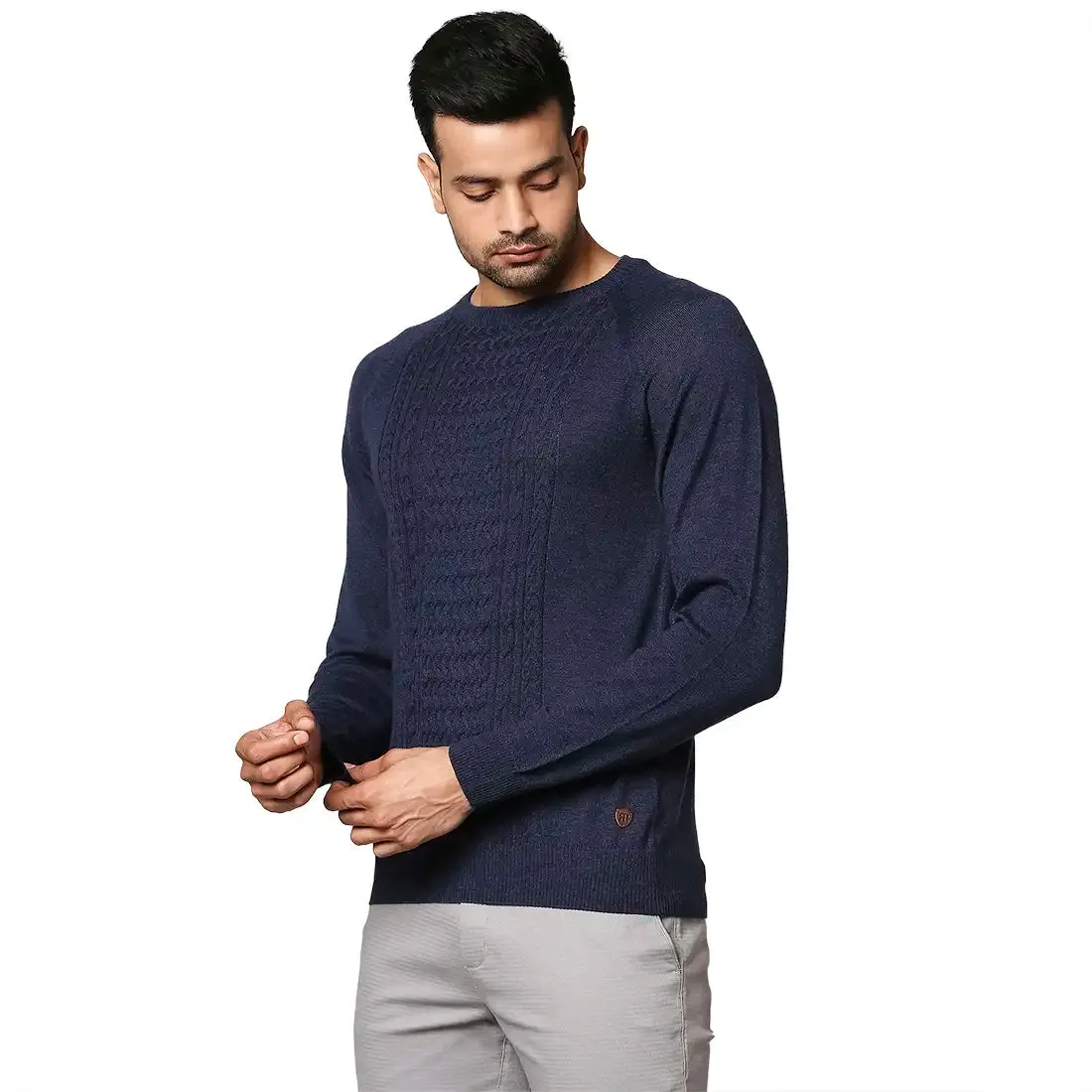 Men Blue Structure Cable Wool Blend Round Collar Sweaters