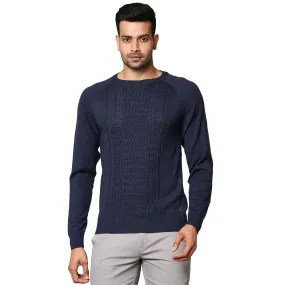 Men Blue Structure Cable Wool Blend Round Collar Sweaters