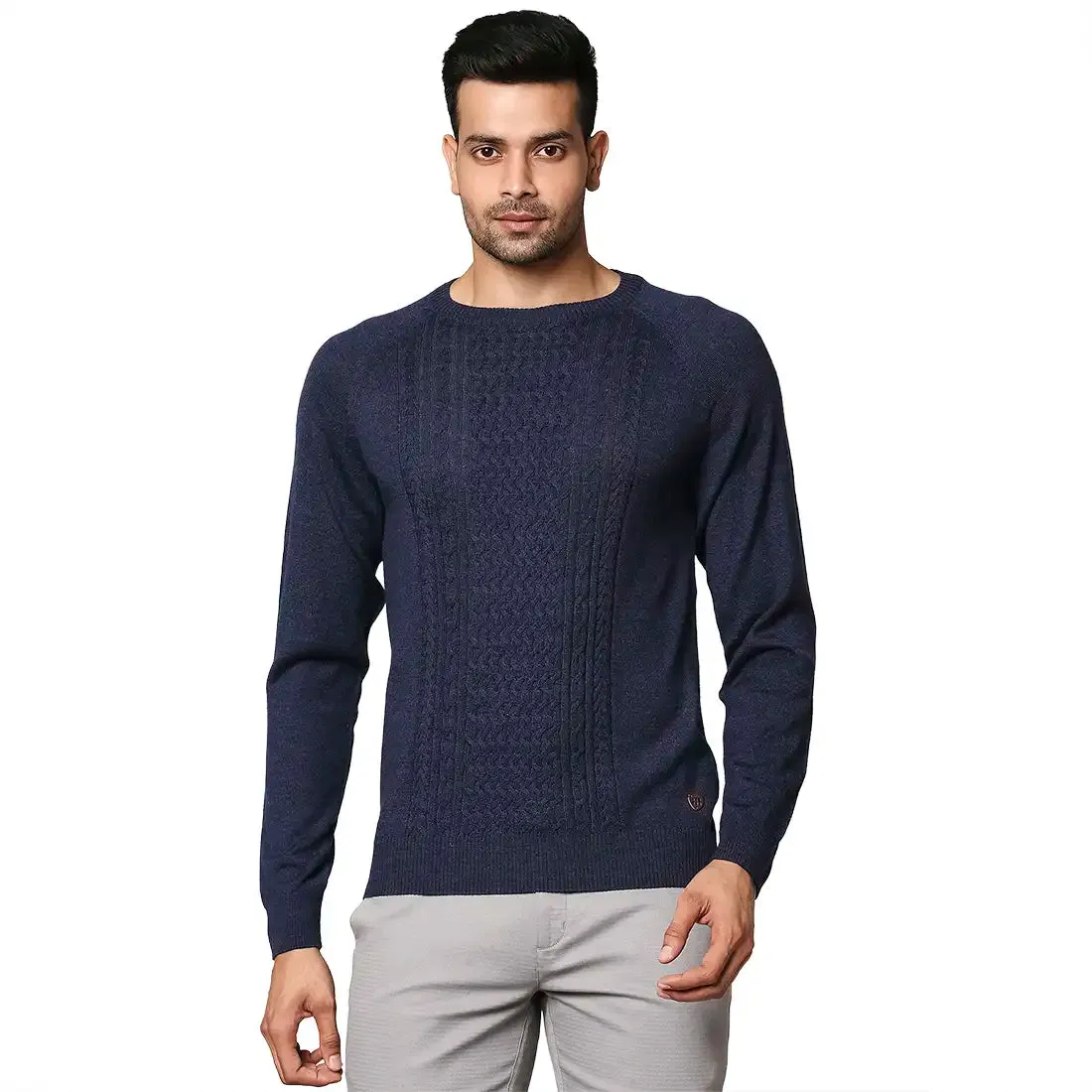Men Blue Structure Cable Wool Blend Round Collar Sweaters