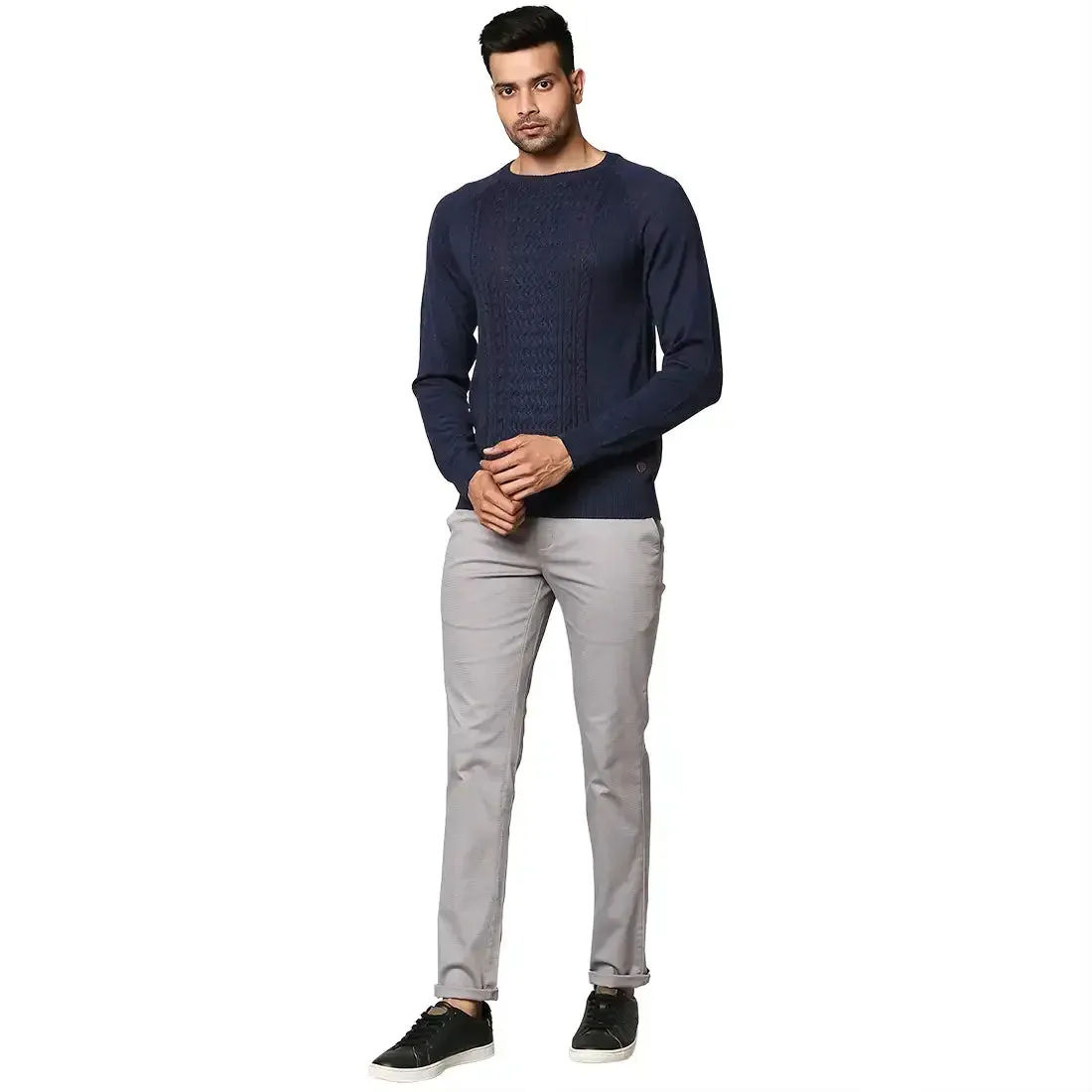 Men Blue Structure Cable Wool Blend Round Collar Sweaters