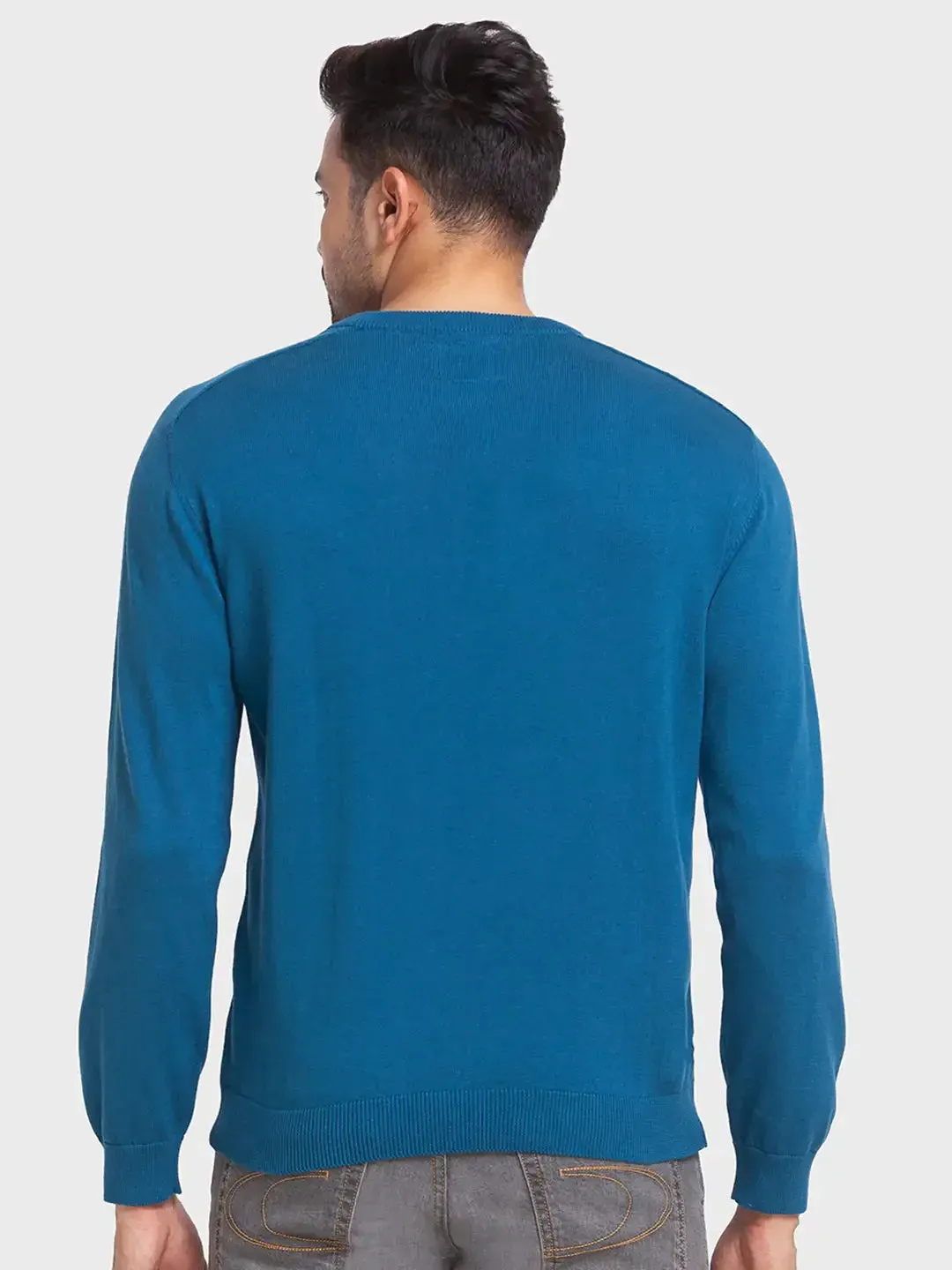 Men Blue Tailored Fit Jacquard Cotton Full Sleeve Round Collar Sweaters