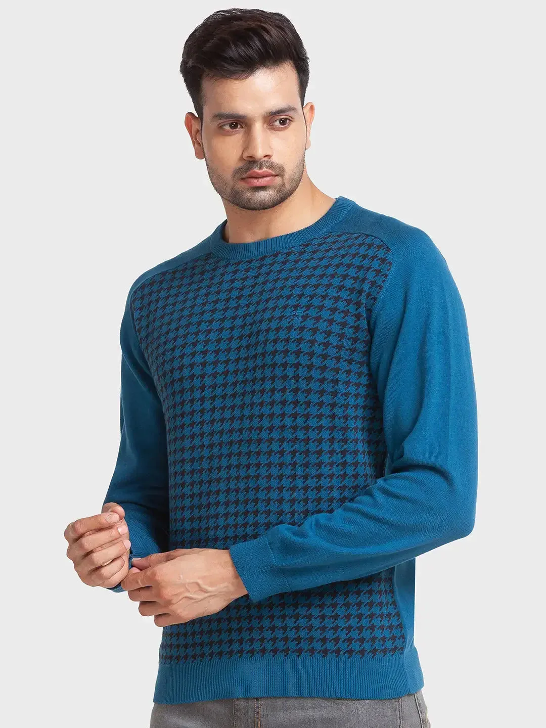 Men Blue Tailored Fit Jacquard Cotton Full Sleeve Round Collar Sweaters