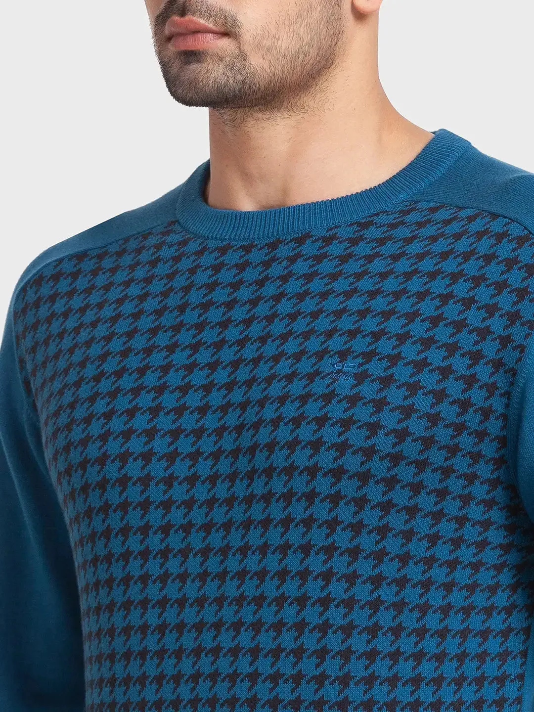 Men Blue Tailored Fit Jacquard Cotton Full Sleeve Round Collar Sweaters