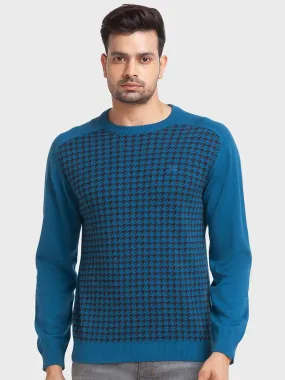 Men Blue Tailored Fit Jacquard Cotton Full Sleeve Round Collar Sweaters