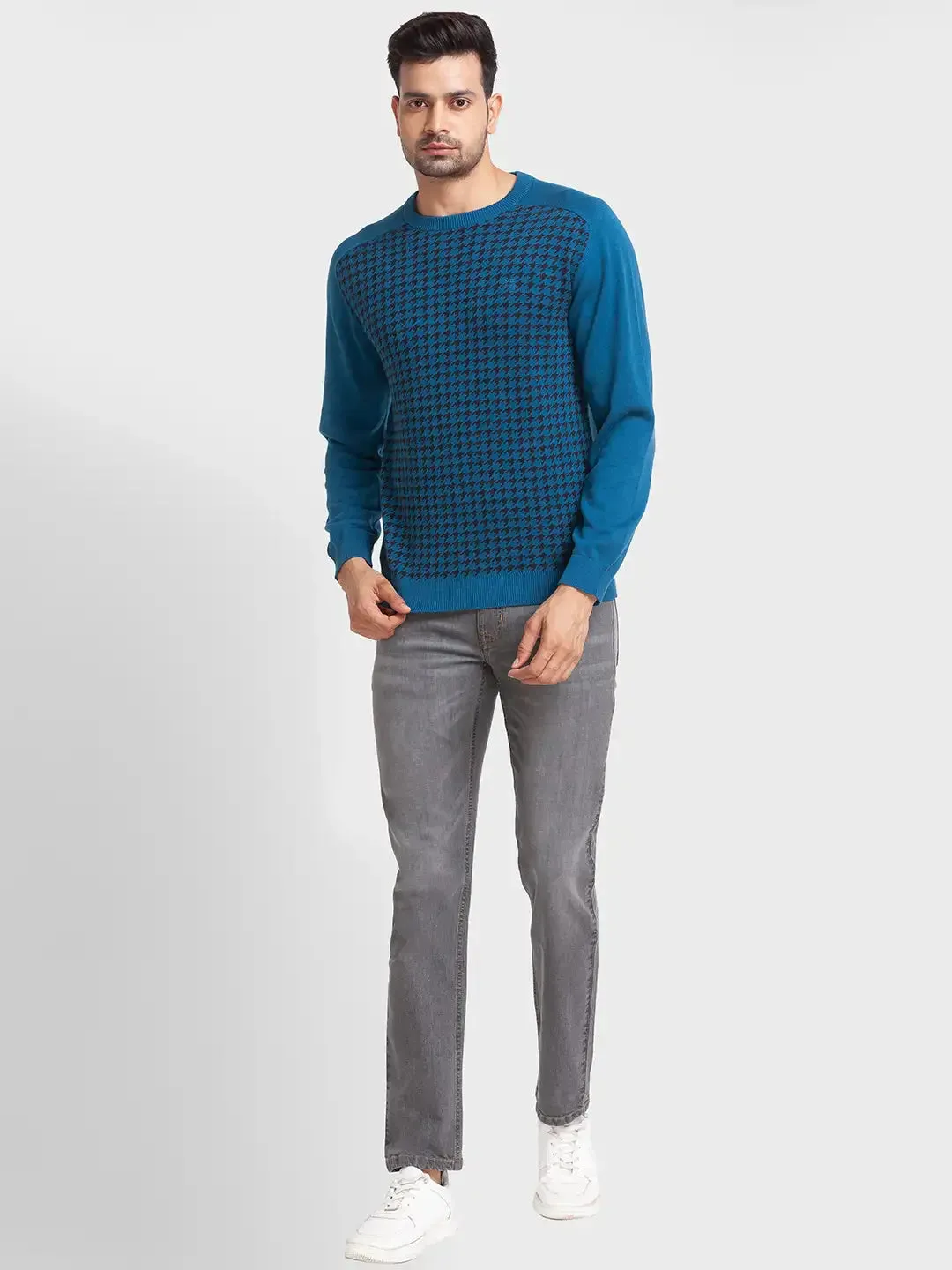Men Blue Tailored Fit Jacquard Cotton Full Sleeve Round Collar Sweaters