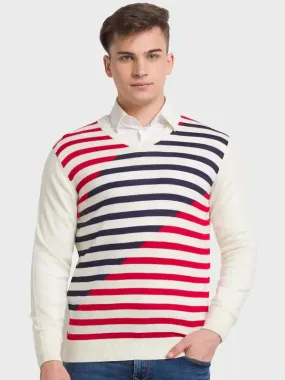 Men Blue Tailored Fit Stripe Acrylic Merino Blend Full Sleeve V Neck Collar Sweaters