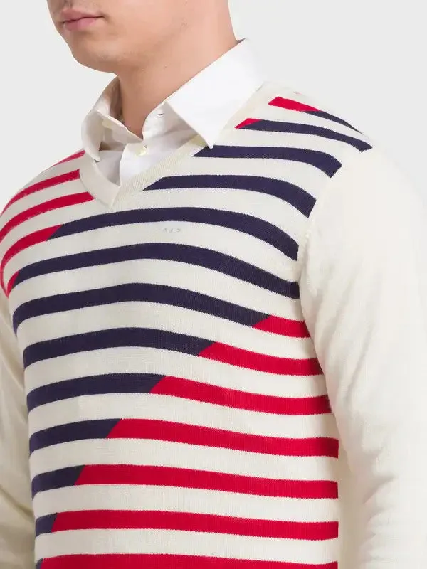 Men Blue Tailored Fit Stripe Acrylic Merino Blend Full Sleeve V Neck Collar Sweaters