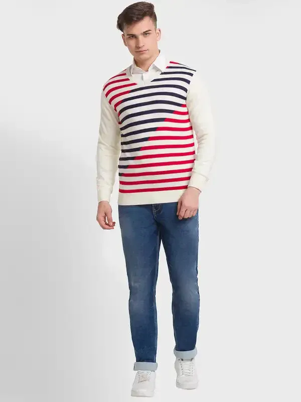 Men Blue Tailored Fit Stripe Acrylic Merino Blend Full Sleeve V Neck Collar Sweaters