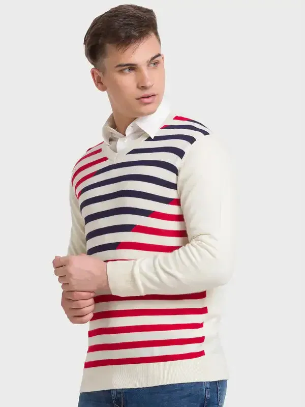Men Blue Tailored Fit Stripe Acrylic Merino Blend Full Sleeve V Neck Collar Sweaters