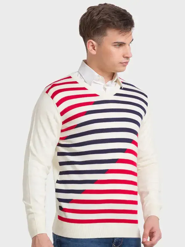 Men Blue Tailored Fit Stripe Acrylic Merino Blend Full Sleeve V Neck Collar Sweaters