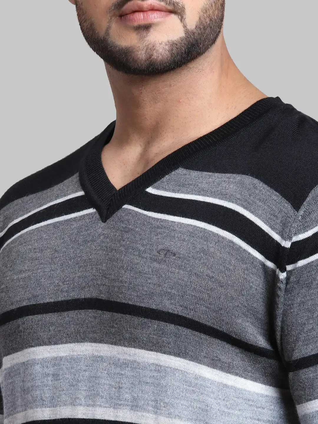 Men Blue Tailored Fit Stripe Cotton Full Sleeve V Neck Collar Sweaters