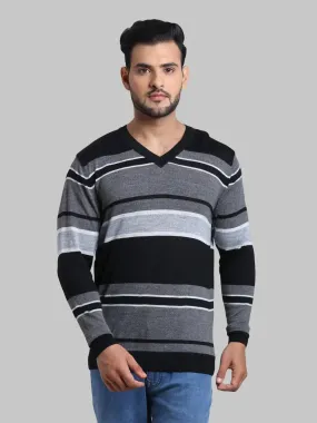 Men Blue Tailored Fit Stripe Cotton Full Sleeve V Neck Collar Sweaters