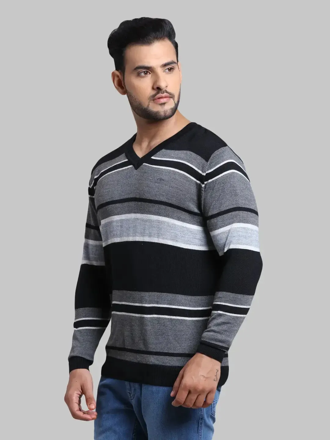 Men Blue Tailored Fit Stripe Cotton Full Sleeve V Neck Collar Sweaters