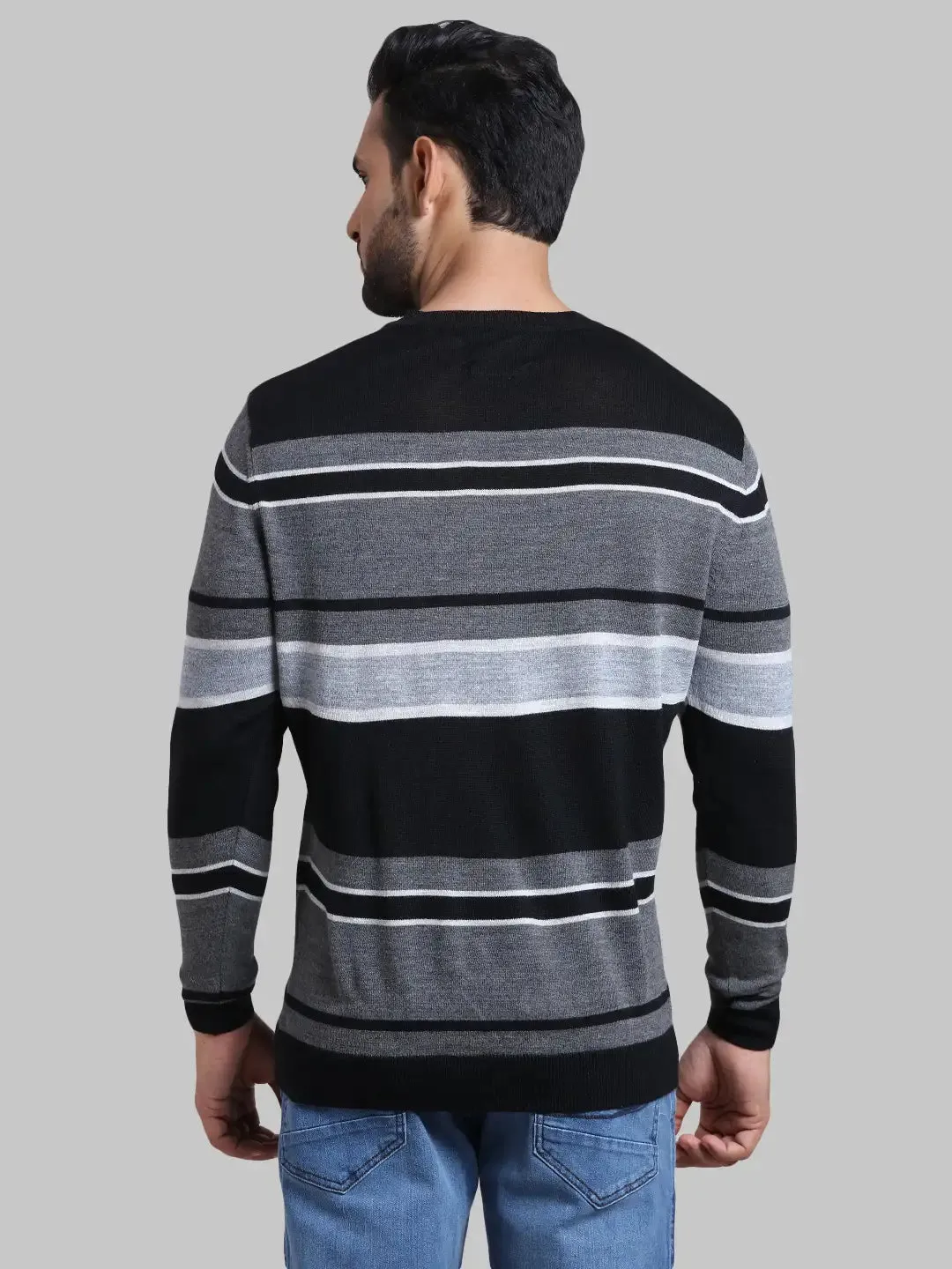 Men Blue Tailored Fit Stripe Cotton Full Sleeve V Neck Collar Sweaters