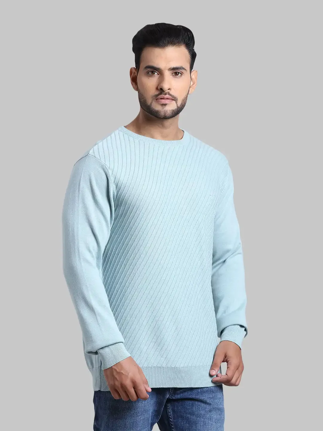 Men Blue Tailored Fit Structure Cotton Full Sleeve Round Collar Sweaters