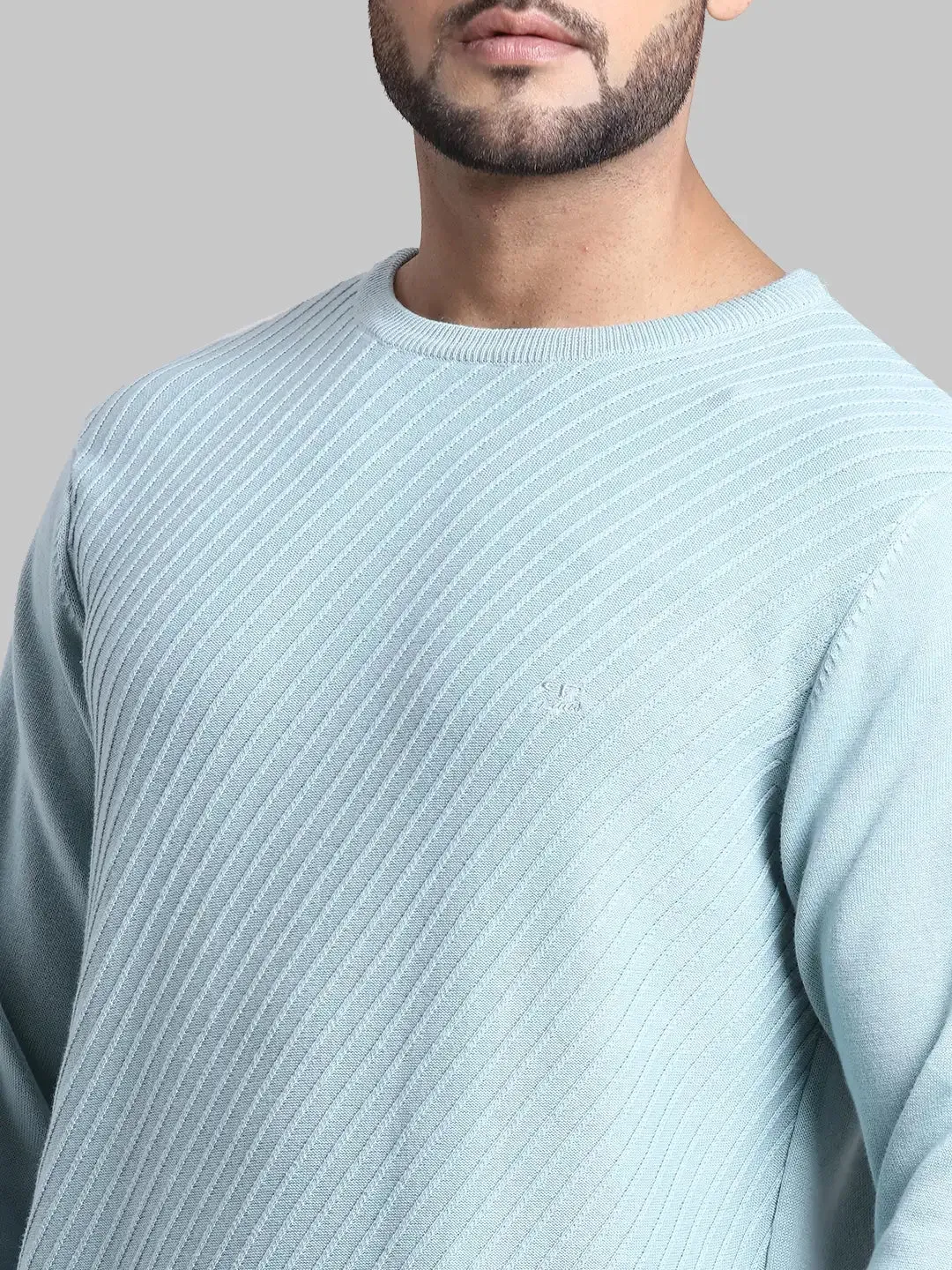 Men Blue Tailored Fit Structure Cotton Full Sleeve Round Collar Sweaters