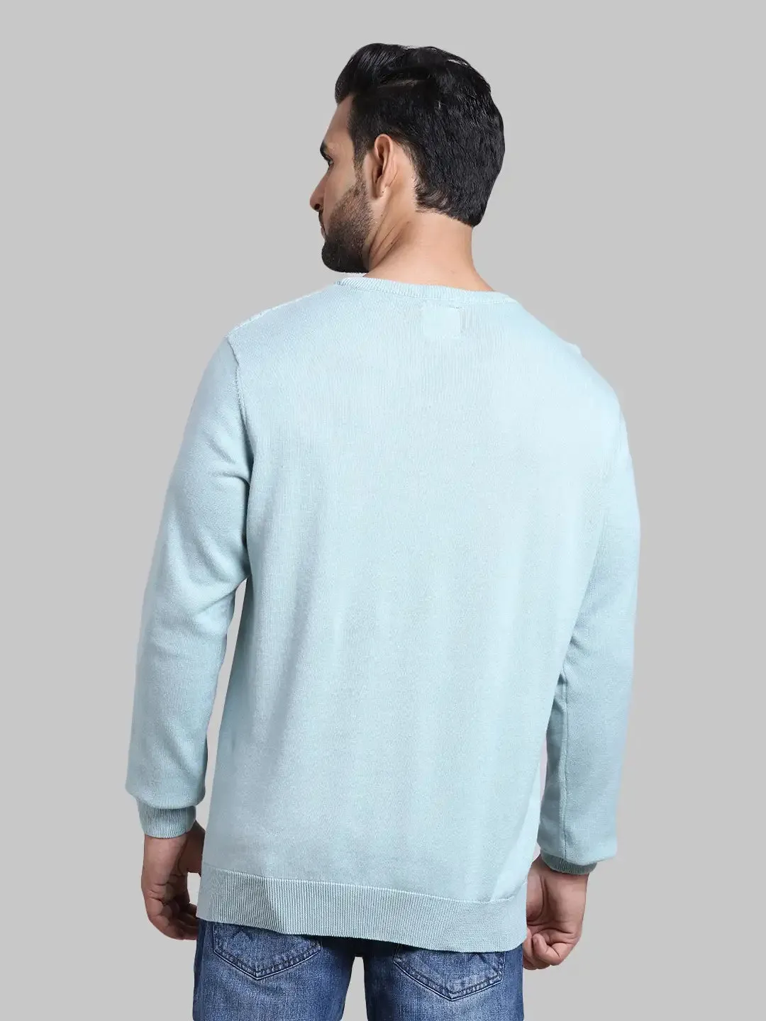 Men Blue Tailored Fit Structure Cotton Full Sleeve Round Collar Sweaters
