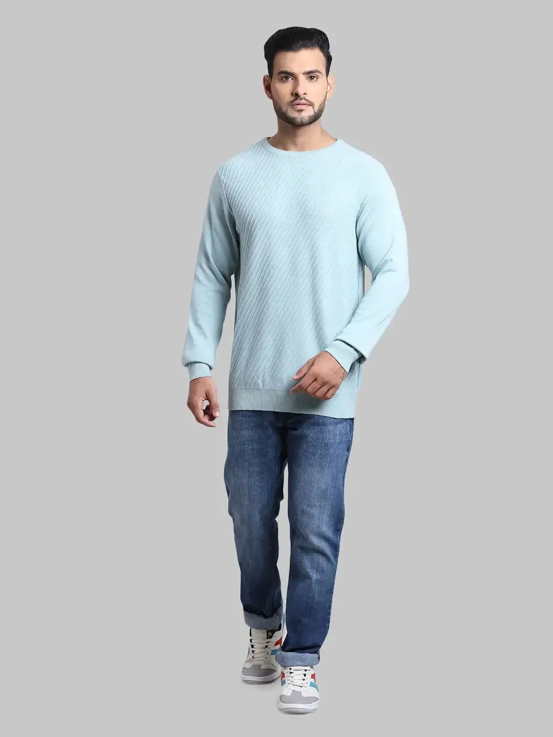 Men Blue Tailored Fit Structure Cotton Full Sleeve Round Collar Sweaters