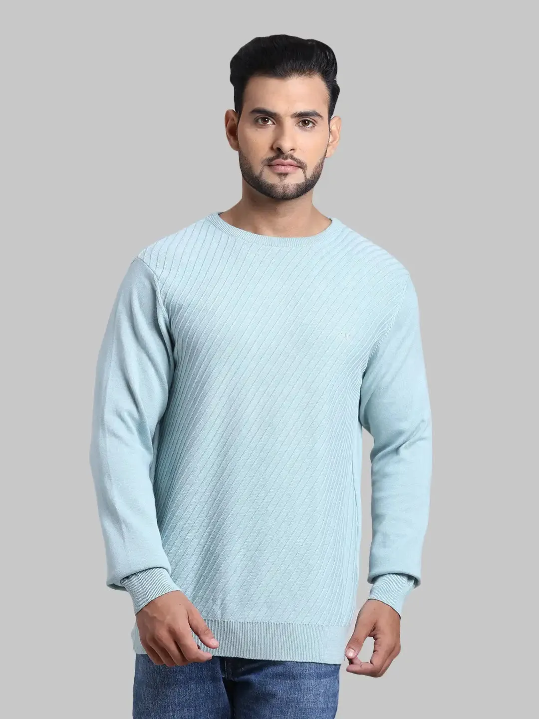 Men Blue Tailored Fit Structure Cotton Full Sleeve Round Collar Sweaters