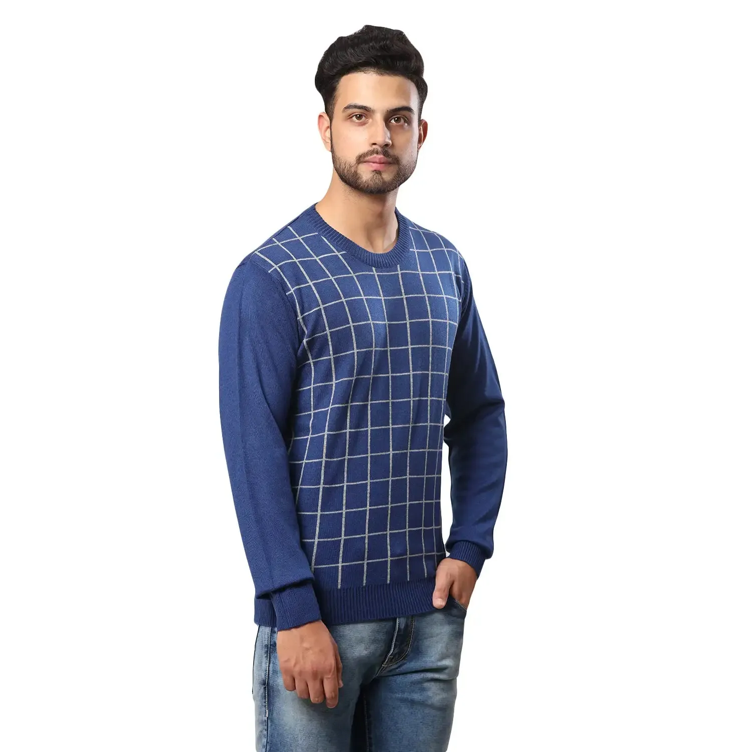 Men Blue Wrapper Acrylic Wool Blend Round Collar Sweaters
