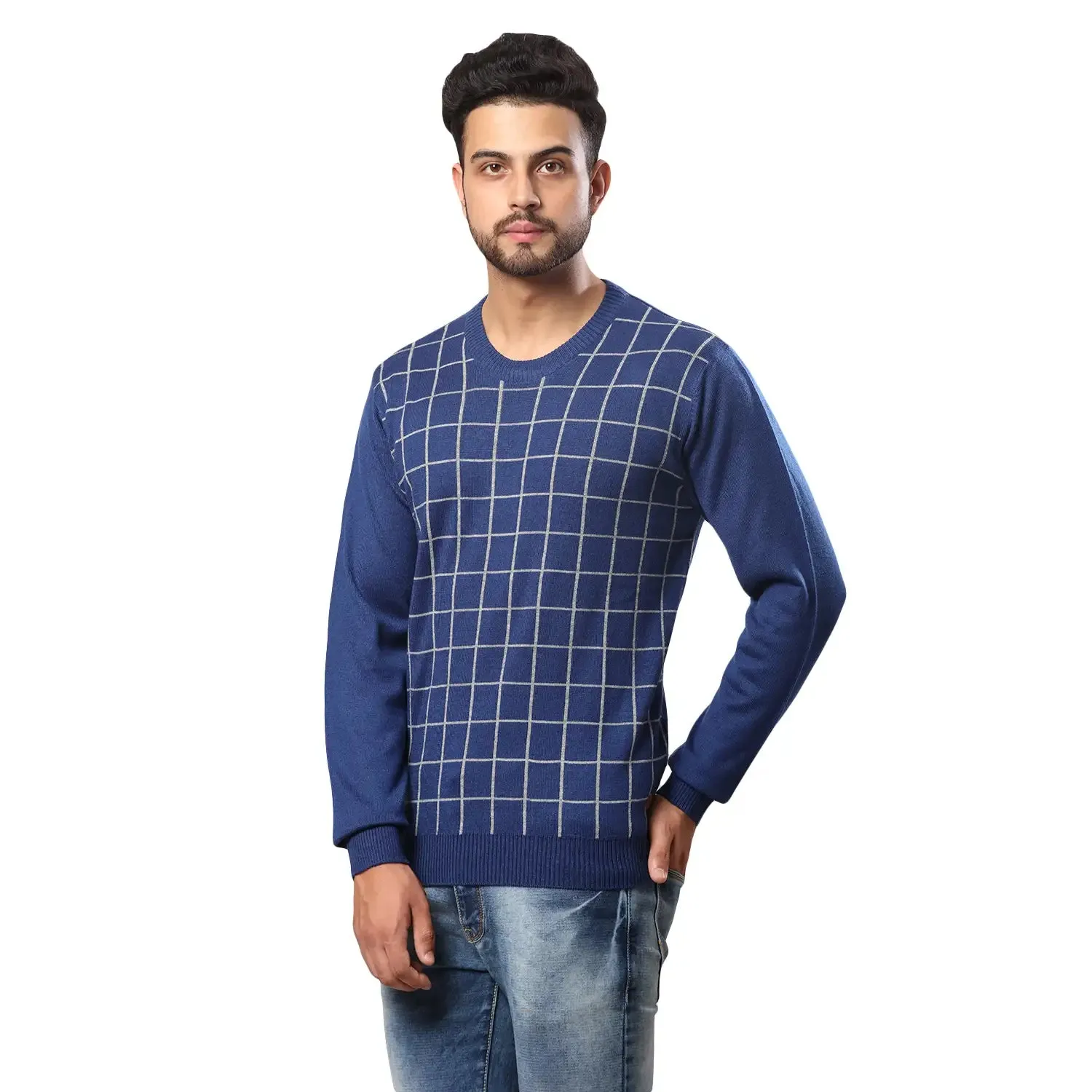 Men Blue Wrapper Acrylic Wool Blend Round Collar Sweaters