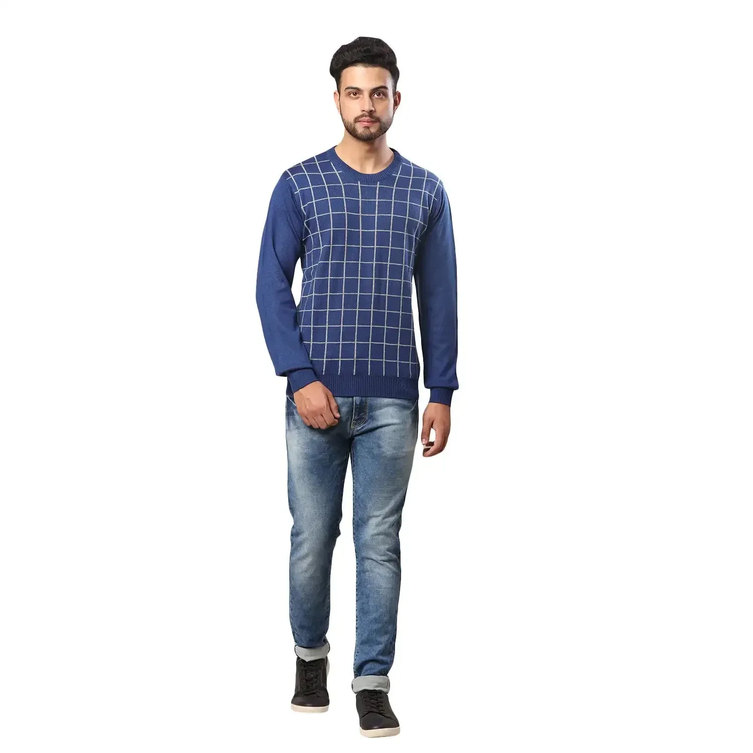 Men Blue Wrapper Acrylic Wool Blend Round Collar Sweaters