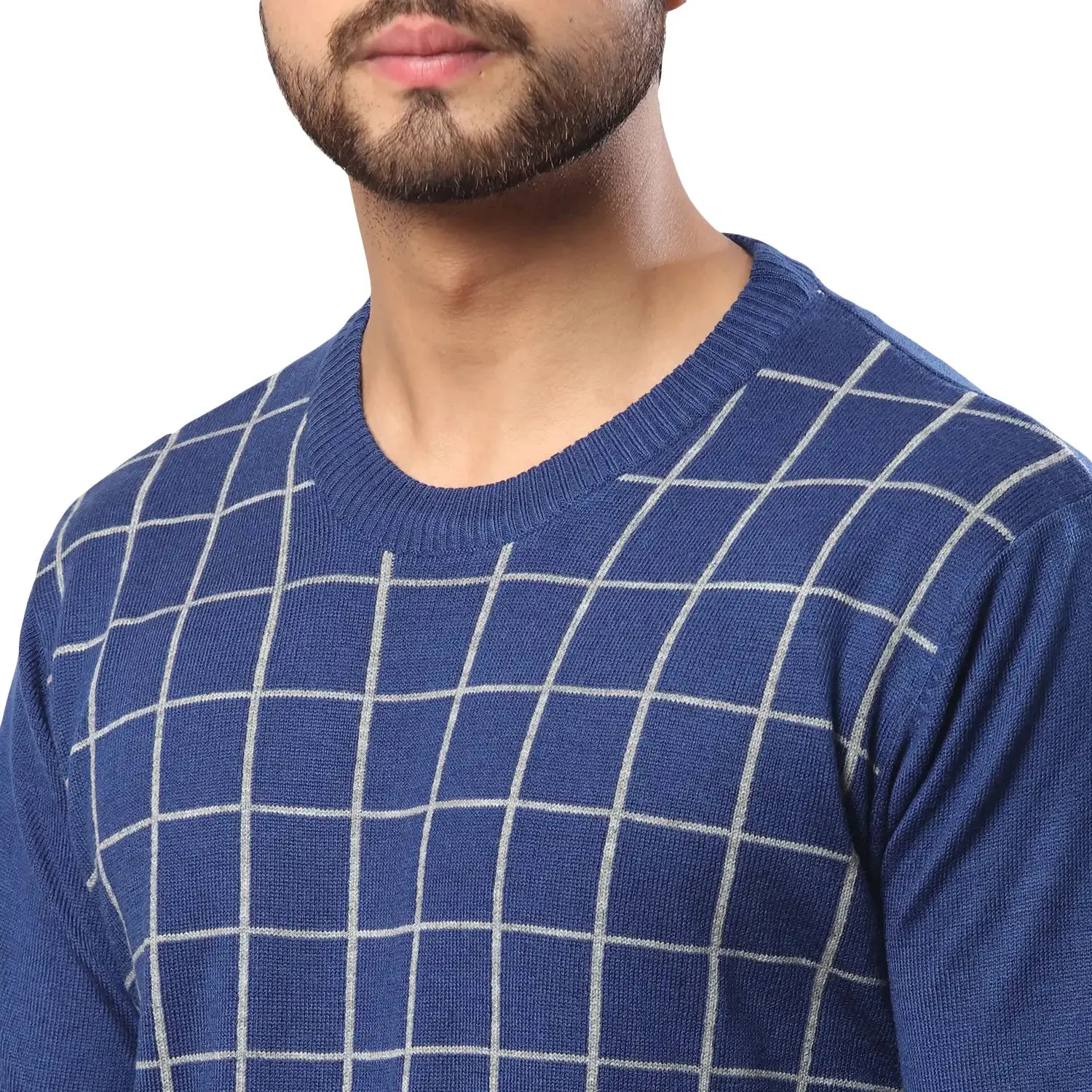 Men Blue Wrapper Acrylic Wool Blend Round Collar Sweaters