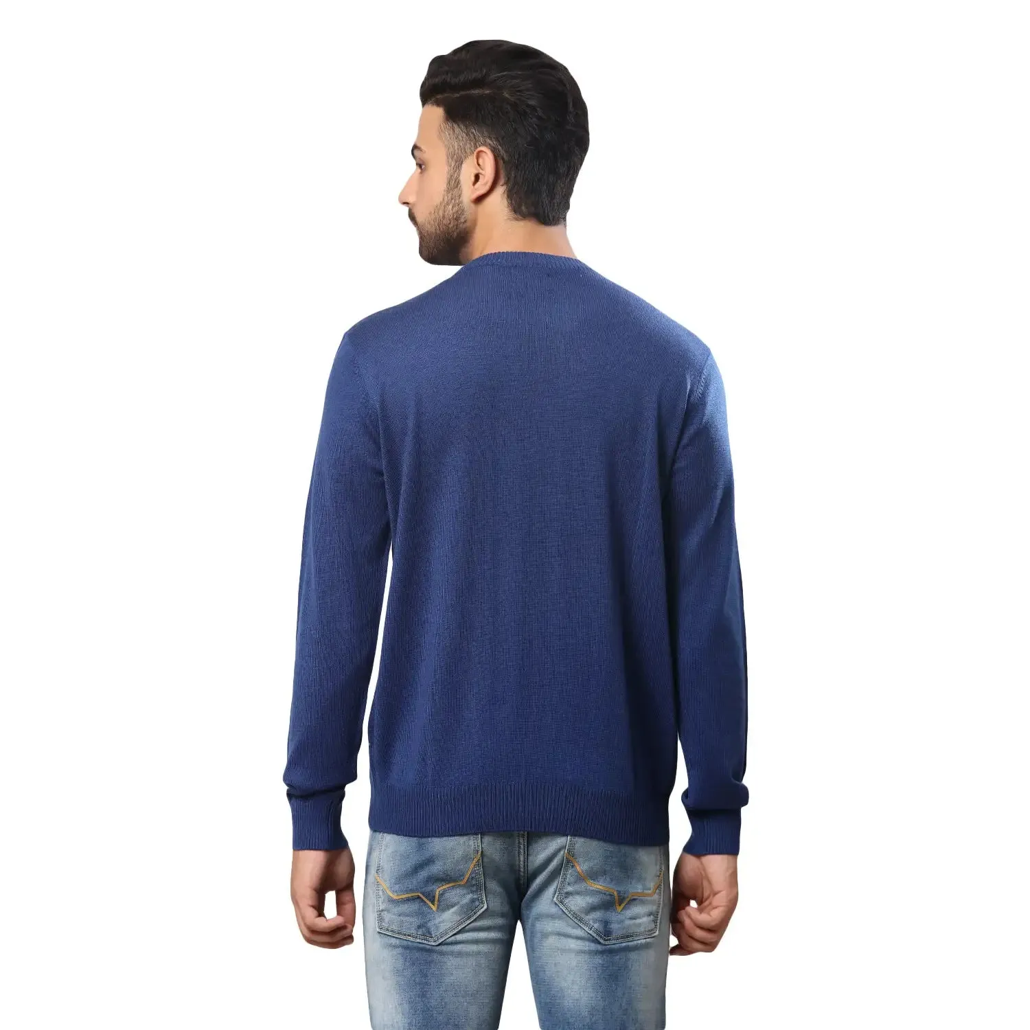 Men Blue Wrapper Acrylic Wool Blend Round Collar Sweaters