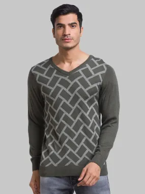 Men Green Jacquard Acrylic Blend Full Sleeve Sweaters