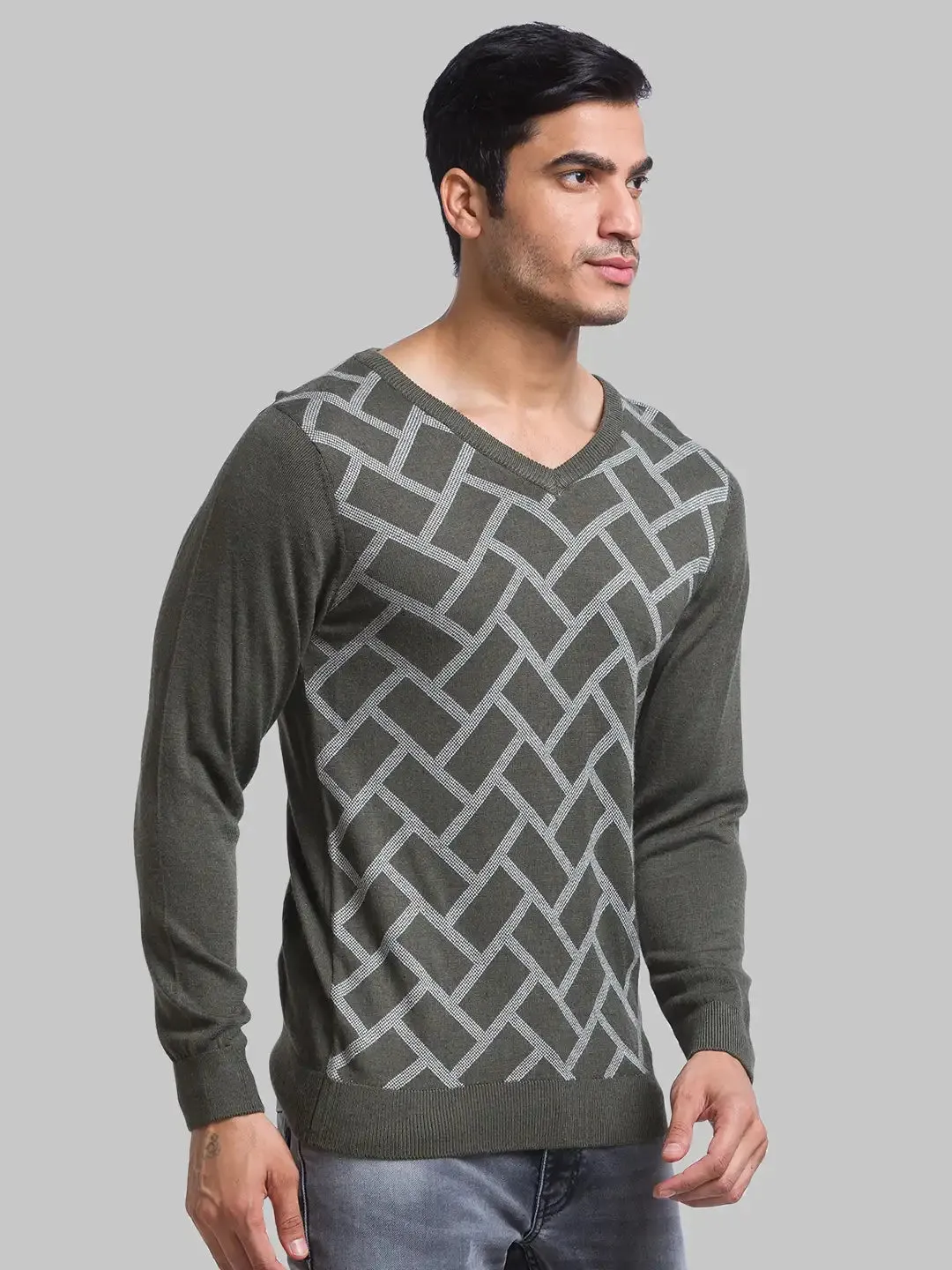 Men Green Jacquard Acrylic Blend Full Sleeve Sweaters