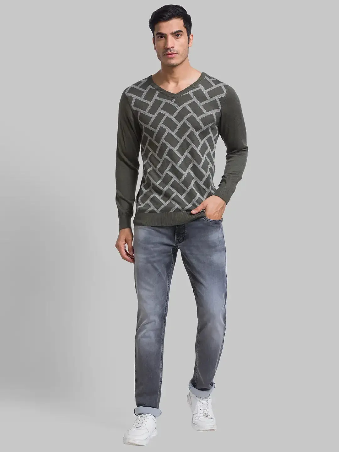 Men Green Jacquard Acrylic Blend Full Sleeve Sweaters
