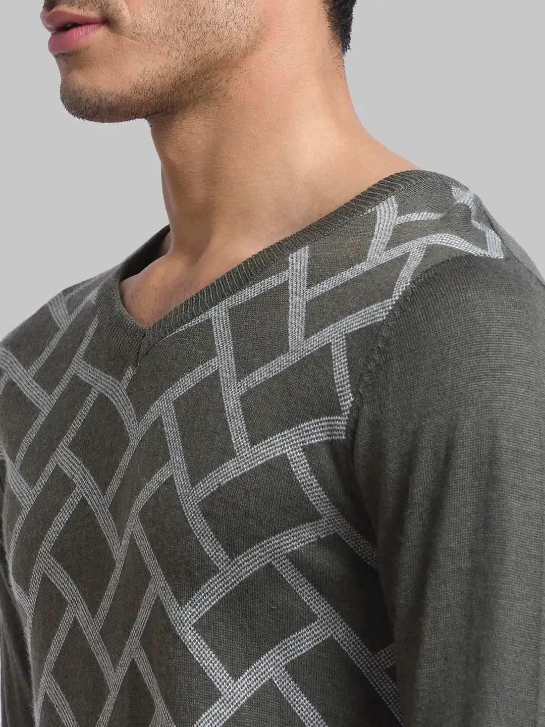 Men Green Jacquard Acrylic Blend Full Sleeve Sweaters