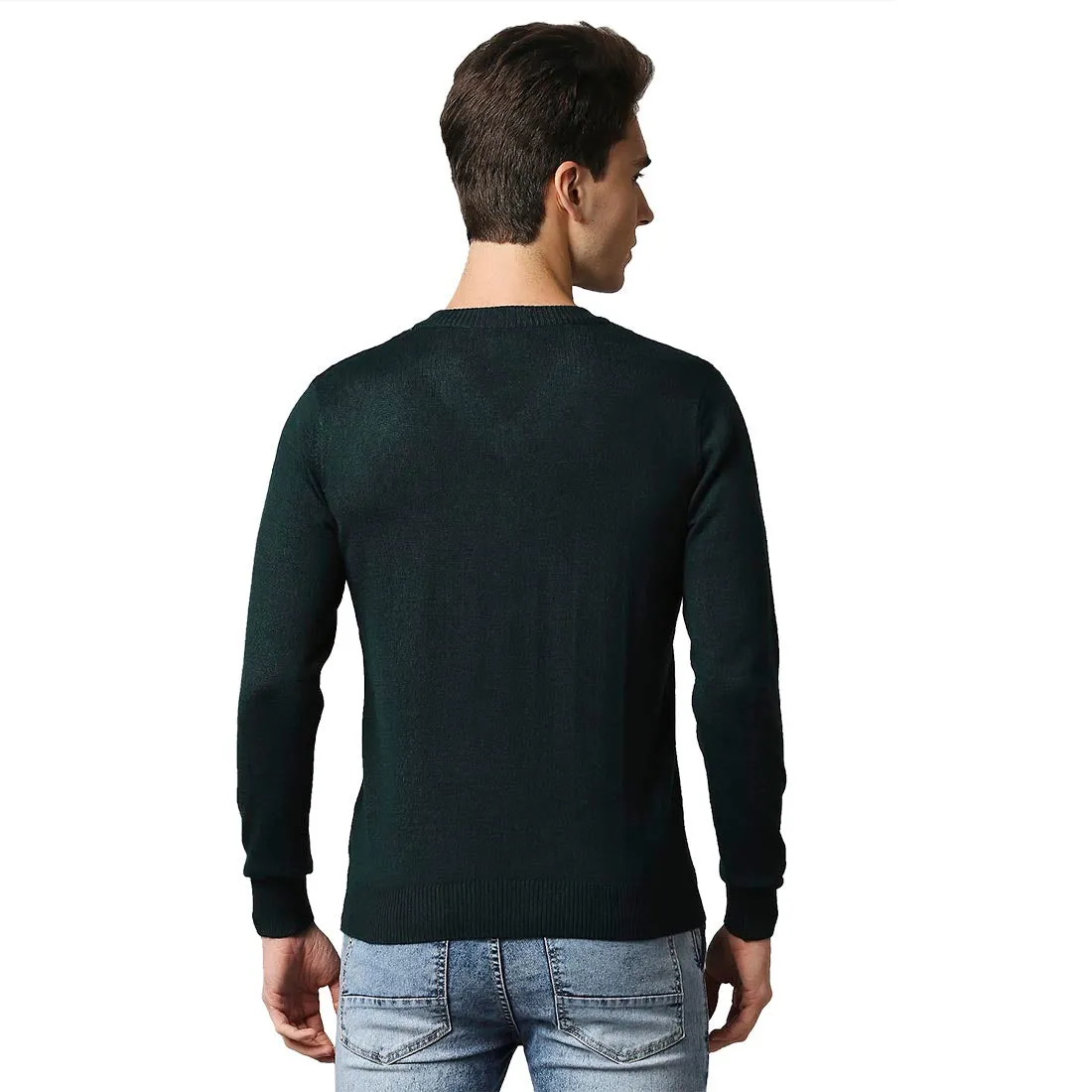 Men Green Structure Cable Acrylic Wool Blend Full Sleeve V Neck Collar Sweaters