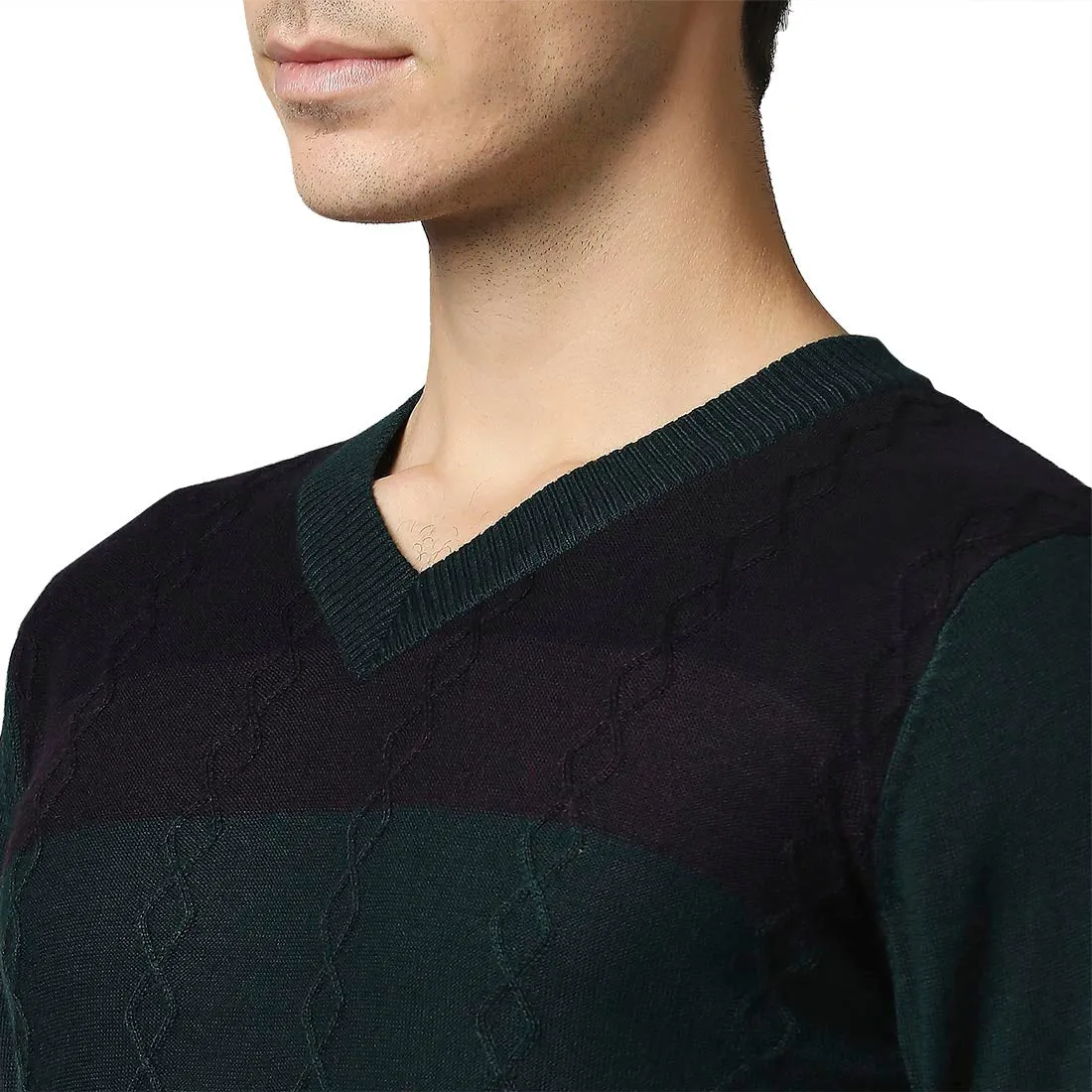 Men Green Structure Cable Acrylic Wool Blend Full Sleeve V Neck Collar Sweaters