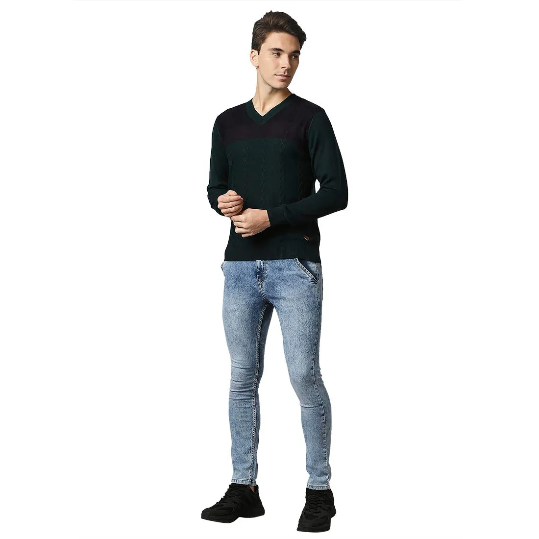 Men Green Structure Cable Acrylic Wool Blend Full Sleeve V Neck Collar Sweaters