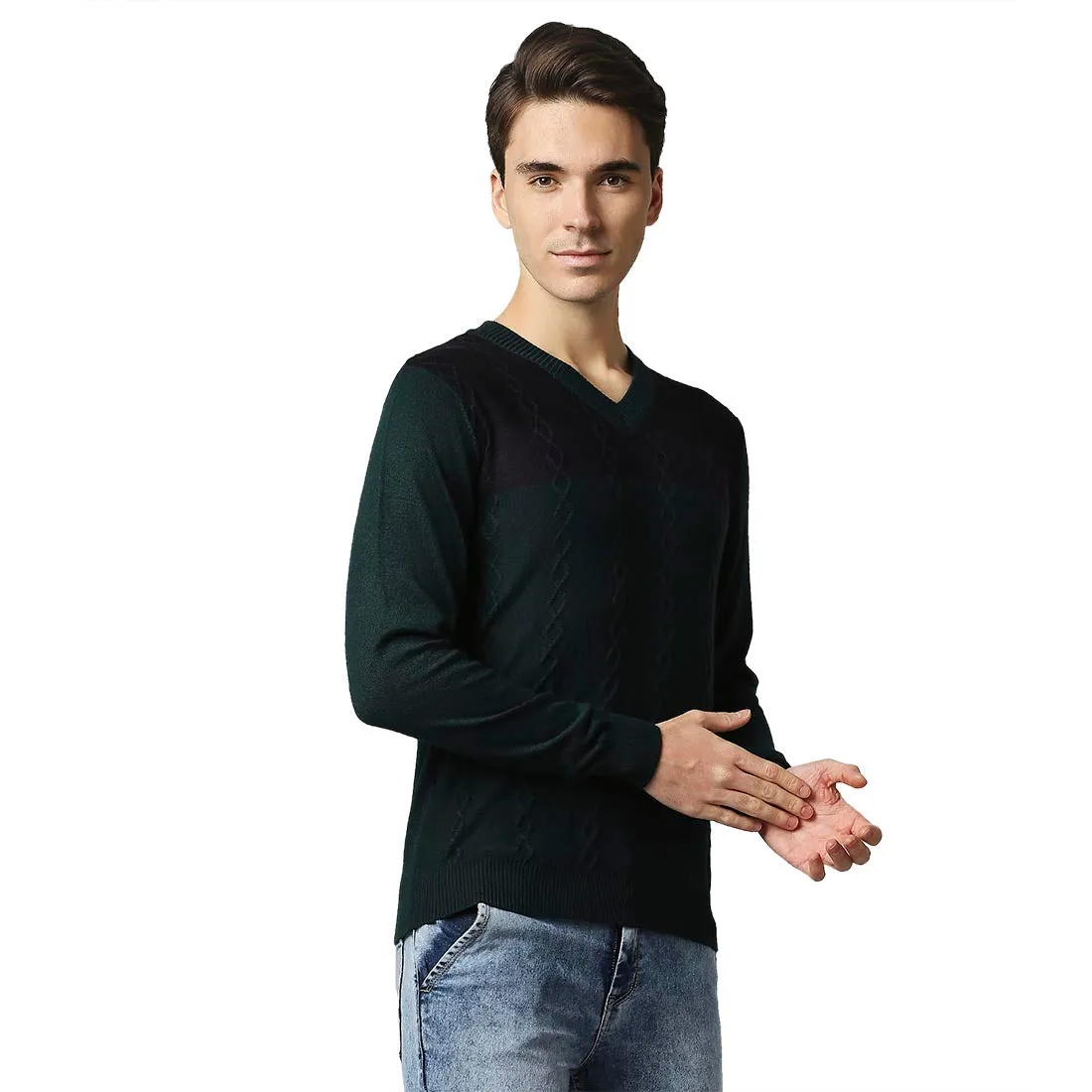 Men Green Structure Cable Acrylic Wool Blend Full Sleeve V Neck Collar Sweaters