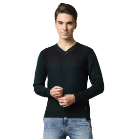 Men Green Structure Cable Acrylic Wool Blend Full Sleeve V Neck Collar Sweaters