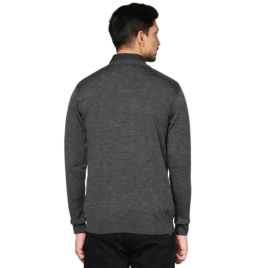 Men Grey Argyle Wool Blend Full Sleeve V Neck Collar Sweaters
