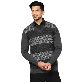 Men Grey Argyle Wool Blend Full Sleeve V Neck Collar Sweaters