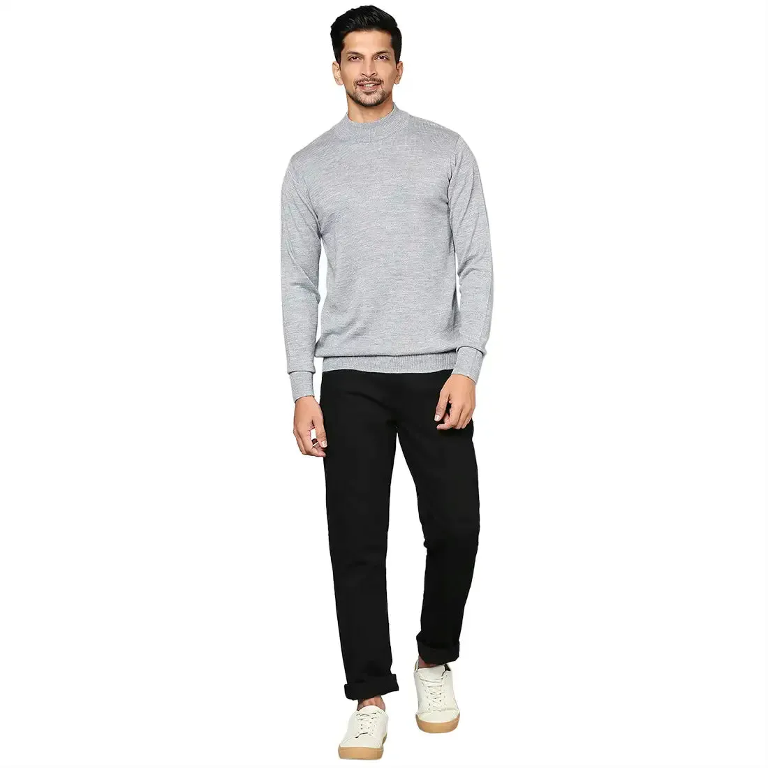 Men Grey Contemporary Fit Solid Wool Blend Full Sleeve Crew Neck Collar Sweaters
