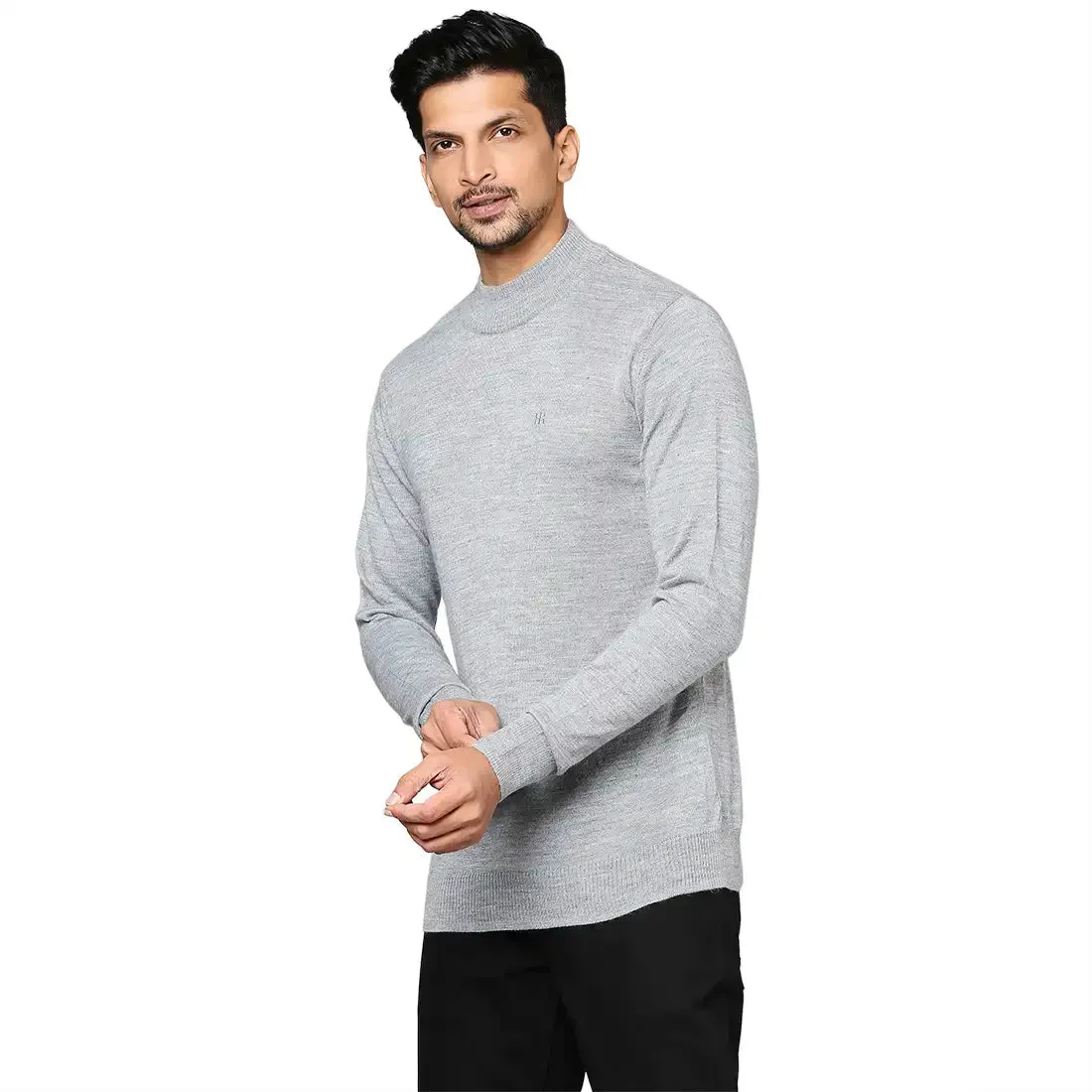 Men Grey Contemporary Fit Solid Wool Blend Full Sleeve Crew Neck Collar Sweaters