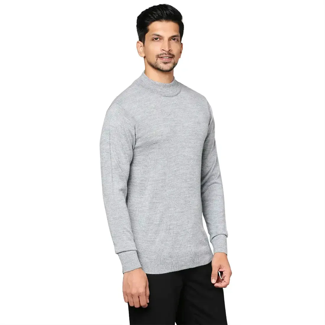 Men Grey Contemporary Fit Solid Wool Blend Full Sleeve Crew Neck Collar Sweaters