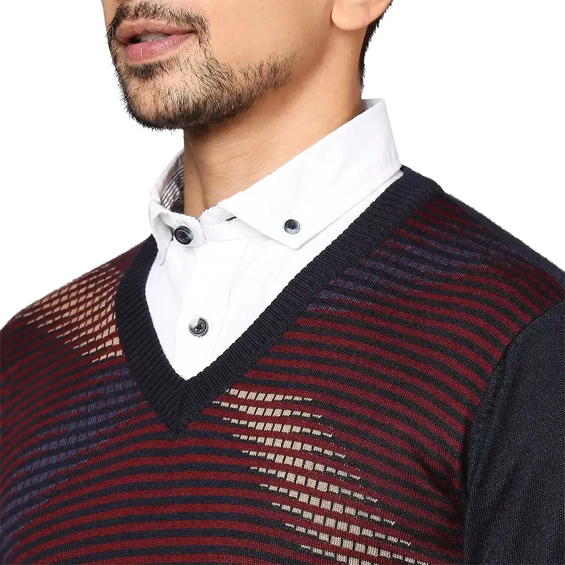 Men Grey Intarsia Wool Blend Full Sleeve V Neck Collar Sweaters