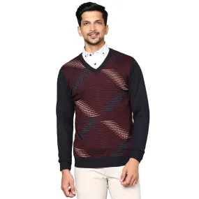Men Grey Intarsia Wool Blend Full Sleeve V Neck Collar Sweaters