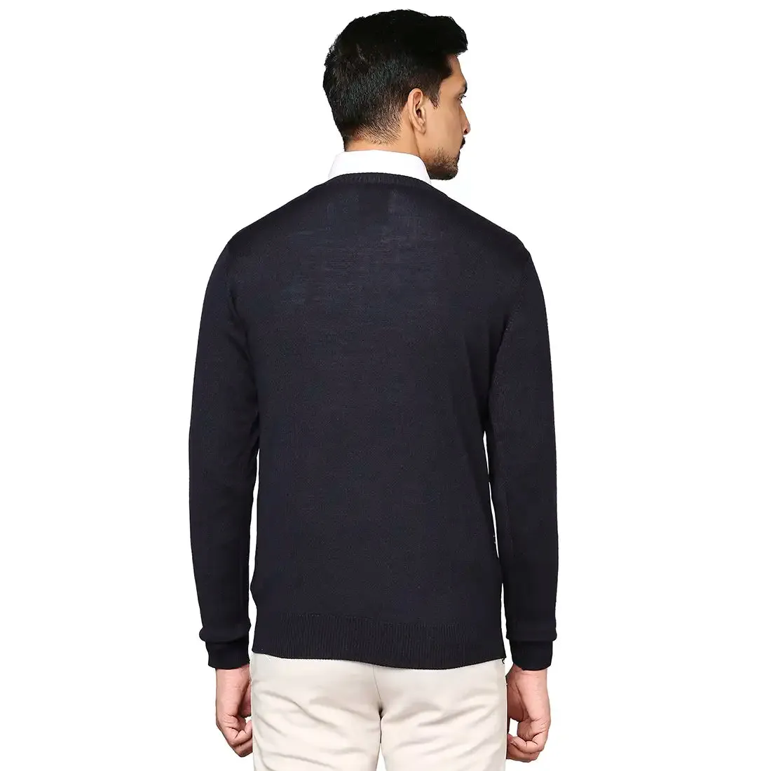 Men Grey Intarsia Wool Blend Full Sleeve V Neck Collar Sweaters