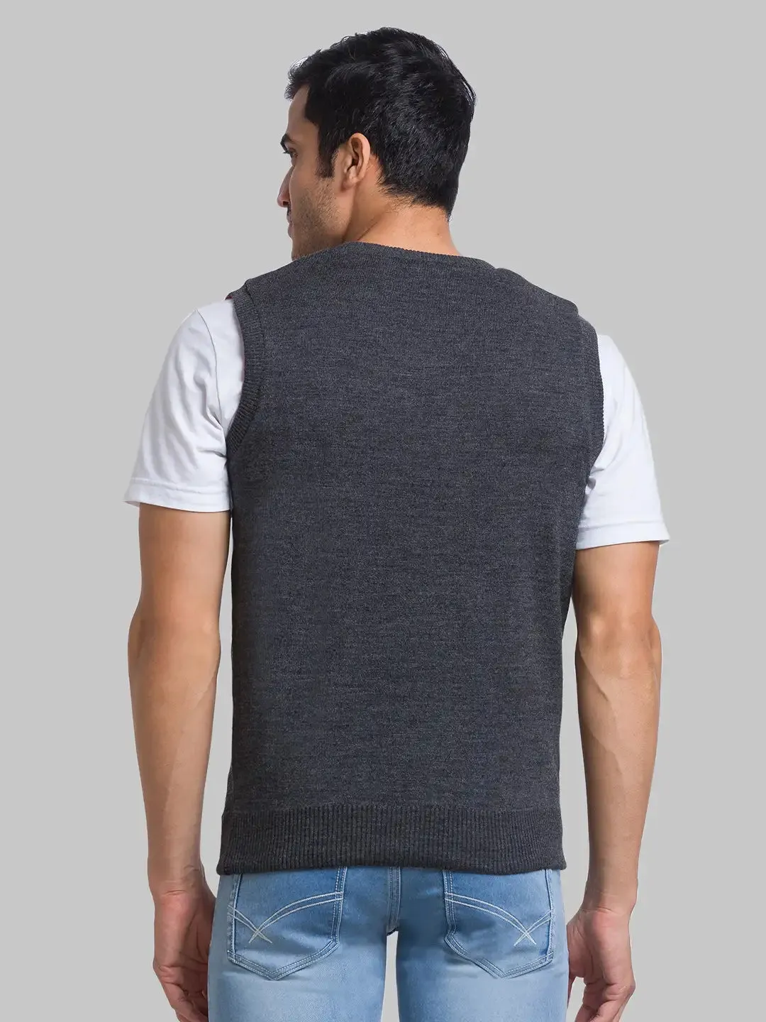 Men Grey Solid Acrylic Sleeveless Sweaters